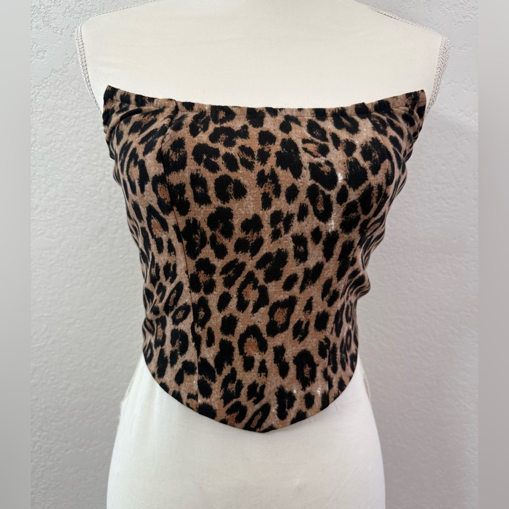 TYPAGAL Leopard Animal Print Cropped Bandeau Strapless Sleeveless Top Zipper S